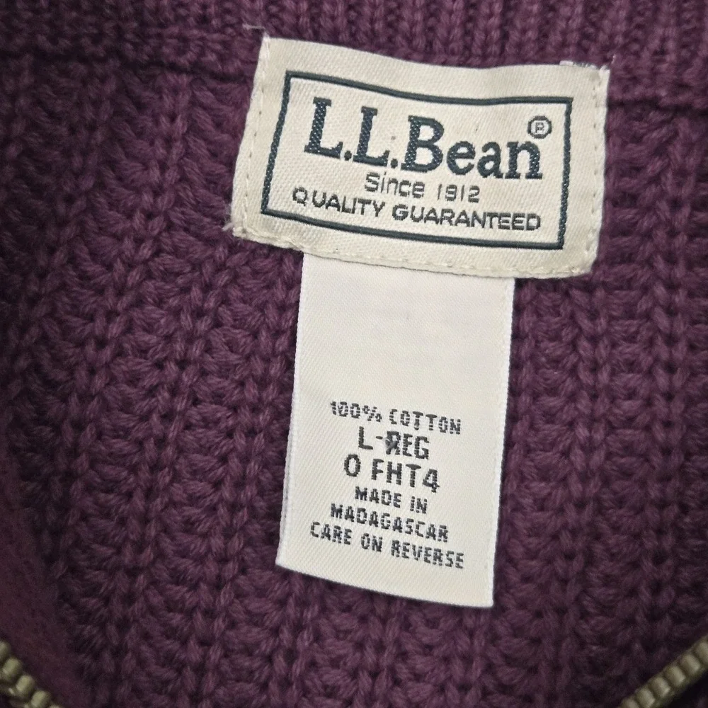 Vtg 90s LL Bean Full Zip Chunky Knit Ribbed Cotton Sweater Burgundy Men's L MINT